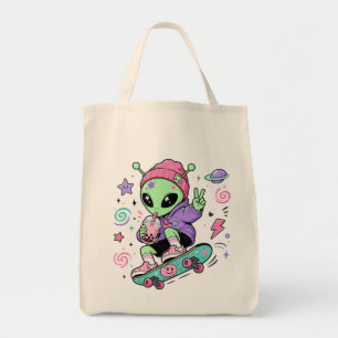 Kawaii Alien Skater Bubble Tea Ontwerp Tote Bag