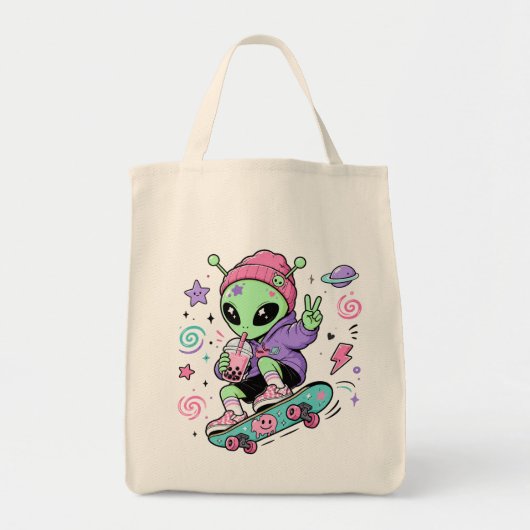 Kawaii Alien Skater Bubble Tea Ontwerp Tote Bag (Voorkant)