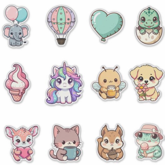 Kawaii Animal Sticker Bundle – Cute Fantasy & Anim (Voorkant)