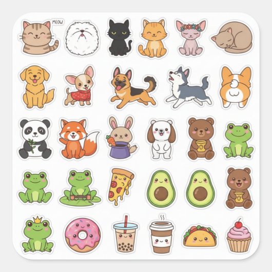 Kawaii Animals & Food Lover's Sticker Set (Voorkant)