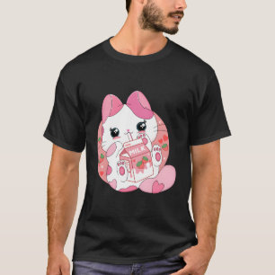 Kawaii Anime Cat Drink aardbeienmelk Japans T-shirt