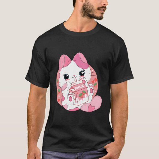 Kawaii Anime Cat Drink aardbeienmelk Japans T-shirt (Voorkant)