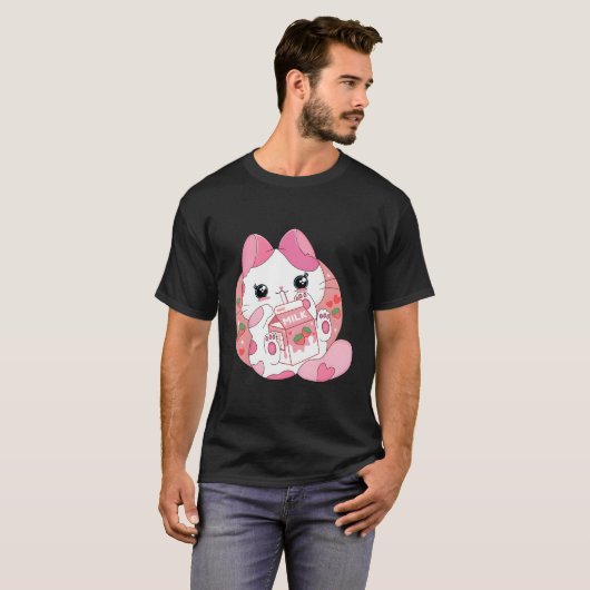 Kawaii Anime Cat Drink aardbeienmelk Japans T-shirt (Voorkant volledig)
