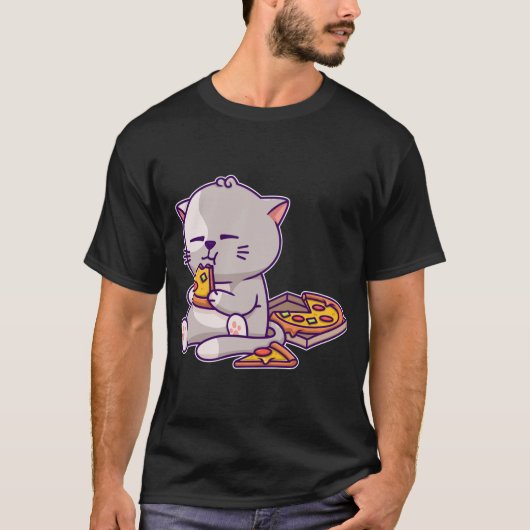 Kawaii Anime Cat Eating Pizza Cute Kitten Cat Neko T-shirt (Voorkant)