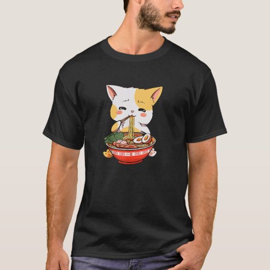 Kawaii Anime Cat Eating Ramen Japanse noedels T-shirt (Voorkant)