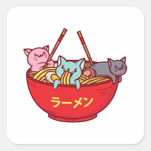 Kawaii Anime Cat Funny Schattige Japanse ramen Vierkante Sticker (Voorkant)