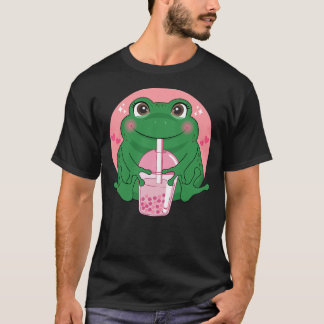 Kawaii Anime Frog Drinking Boba Tea Bubble Tea Cut T-shirt