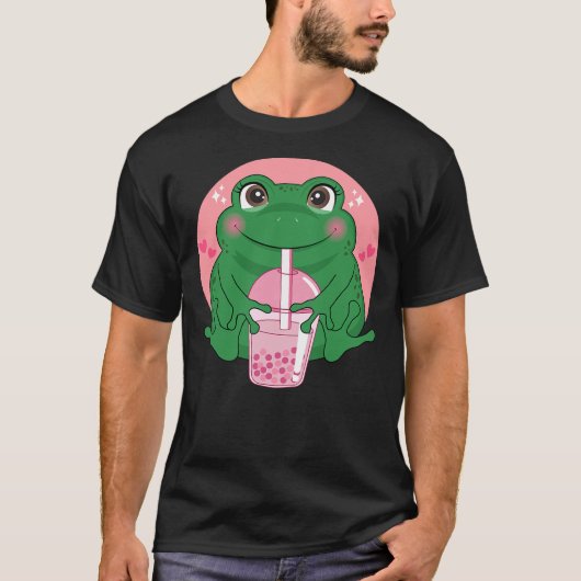 Kawaii Anime Frog Drinking Boba Tea Bubble Tea Cut T-shirt (Voorkant)