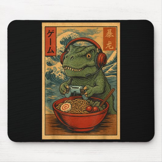 Kawaii Anime Gamer T-rex Ramen Retro Japanese Gami Muismat (Voorkant)