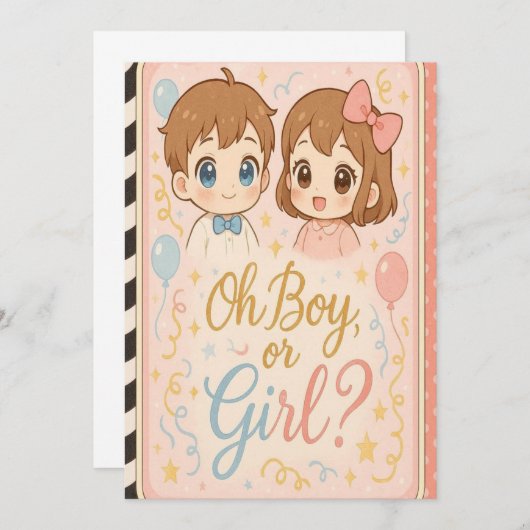 Kawaii Anime Genderonthulling Uitnodiging.Oh Boy O Kaart (Voorkant / Achterkant)