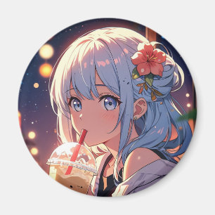 Kawaii Anime Girl Drink Boba Magnet - Schattige
