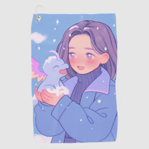 Kawaii Anime Girl Met Baby Dragon In Wintersneeuw Golfhanddoek