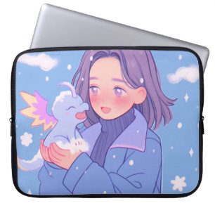 Kawaii Anime Girl Met Baby Dragon In Wintersneeuw Laptop Sleeve