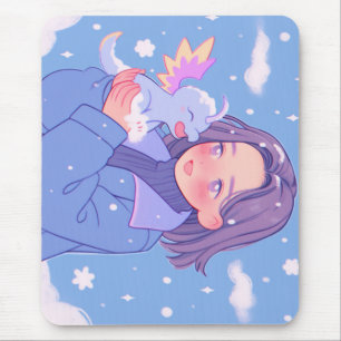 Kawaii Anime Girl Met Baby Dragon In Wintersneeuw Muismat
