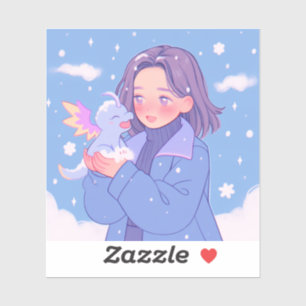 Kawaii Anime Girl Met Baby Dragon In Wintersneeuw Sticker