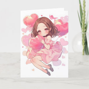 Kawaii Anime Girl Pink Love Feestdagen Kaart