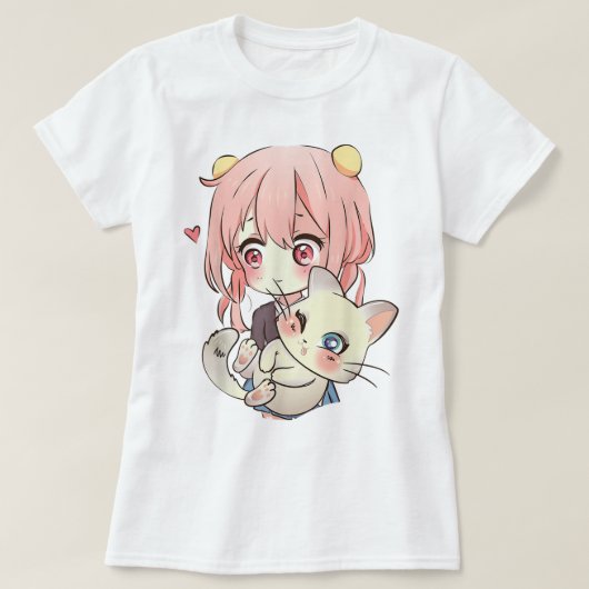 Kawaii Anime Girl With Cute Cat T-shirt (Design voorkant)