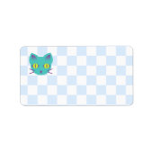 Kawaii Anime Kitty Cat Blue & White Checkerboard Etiket (Voorkant)