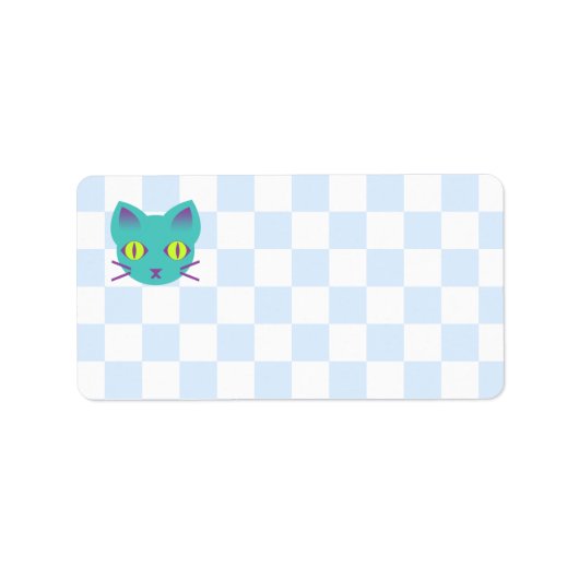 Kawaii Anime Kitty Cat Blue & White Checkerboard Etiket (Voorkant)