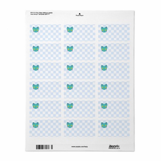 Kawaii Anime Kitty Cat Blue & White Checkerboard Etiket (Full Sheet)