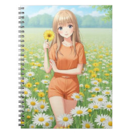 Kawaii Anime Meisje in Madeliefjes Tuin Notitieboek