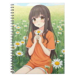 Kawaii Anime Meisje in Madeliefjes Tuin Notitieboek