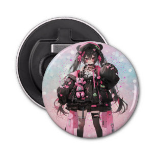 Kawaii Anime Meisje in Roze en Zwarte Jurk Button Flesopener