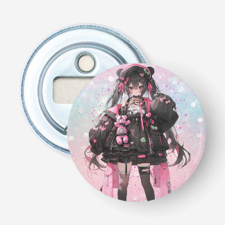Kawaii Anime Meisje in Roze en Zwarte Jurk Button Flesopener