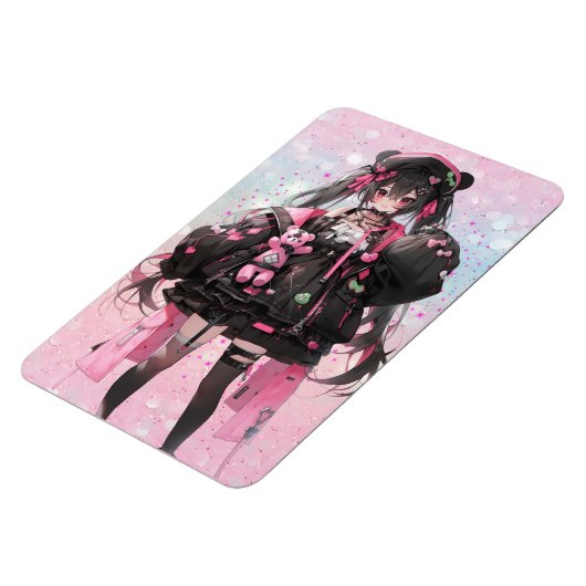Kawaii Anime Meisje in Roze en Zwarte Jurk Magneet (Linkerzijde)
