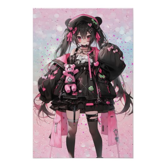 Kawaii Anime Meisje in Roze en Zwarte Jurk Perfect Poster (Voorkant)