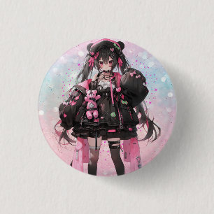 Kawaii Anime Meisje in Roze en Zwarte Jurk Ronde Button 3,2 Cm