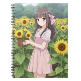 Kawaii Anime Meisje in Zonnebloem Tuin Notitieboek