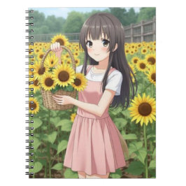 Kawaii Anime Meisje in Zonnebloem Tuin Notitieboek