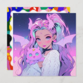 Kawaii anime meisje met pluche schepsel kaart (Voorkant / Achterkant)