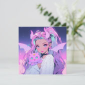 Kawaii anime meisje met pluche schepsel kaart (Staand voorkant)