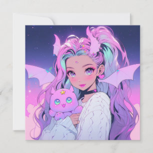 Kawaii anime meisje met pluche schepsel kaart