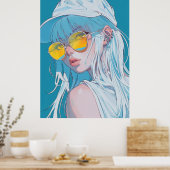 Kawaii Anime Meisje met wit haar Poster (Keuken)