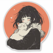 Kawaii anime meisje met witte kat sticker (Voorkant)