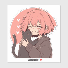 Kawaii anime meisje met zwarte kat op roze achterg sticker