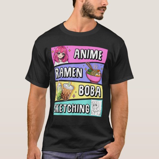Kawaii Anime Ramen Noodles Sketching Boba Tea Japa T-shirt (Voorkant)