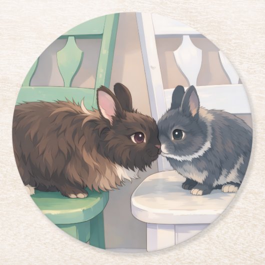 Kawaii Anime Two Bunnies Coaster Set (6) Ronde Kartonnen Onderzetter (Voorkant)