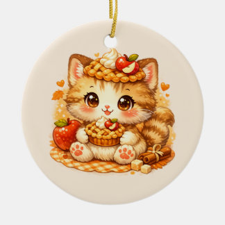 Kawaii Appeltaart Kitty – Knus herfst dessert Keramisch Ornament