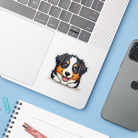 Kawaii Australische Shepherd Puppy Sticker met Gli (Laptop met iPhone)