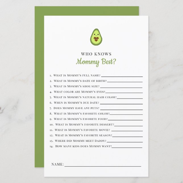 Kawaii Avocado Baby shower Game die mama kent (Voorkant / Achterkant)