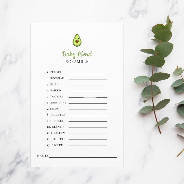 Kawaii Avocado Baby shower Game Word Scramble (Creator heeft geüpload)