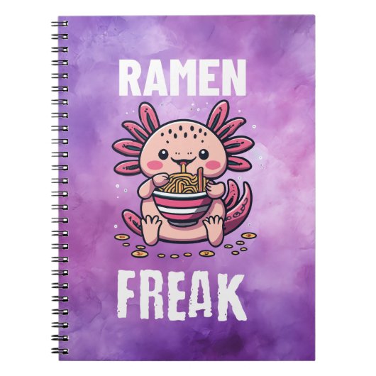 Kawaii Axalotl eten Ramen (witte tekst) Notitieboek (Voorkant)