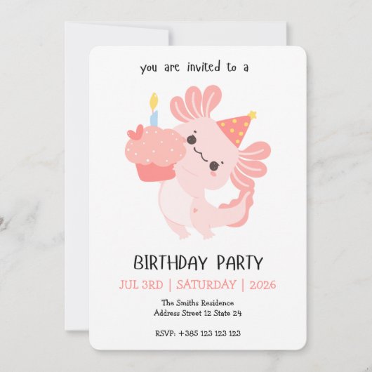 Kawaii Axolotl Birthday Party Invitation Kaart (Voorkant)