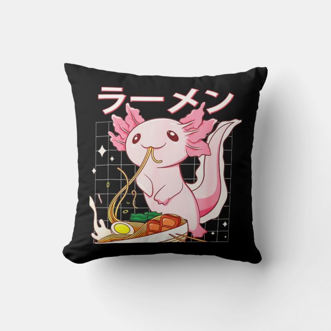 Kawaii Axolotl Eating Ramen Noodles Anime Girls Te Kussen (Voorkant)