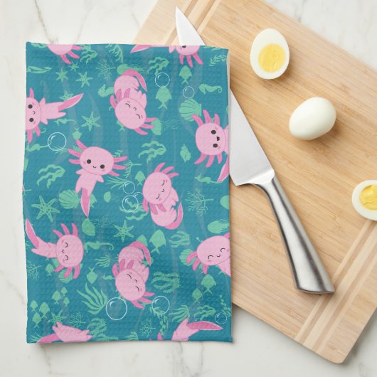Kawaii Axolotl in Ocean Keuken Handdoeken (Quarter Fold)