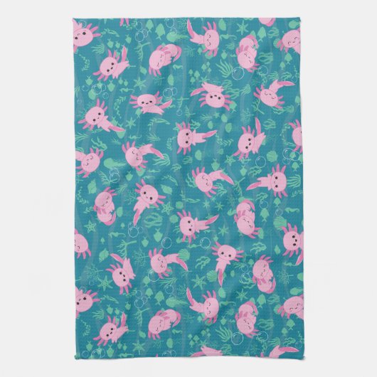 Kawaii Axolotl in Ocean Keuken Handdoeken (Verticaal)
